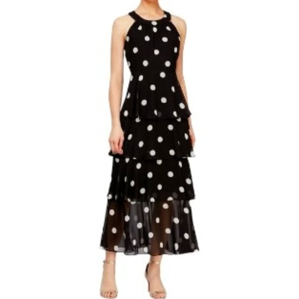 SLNY Black and White Polka Dot Tiered Dress